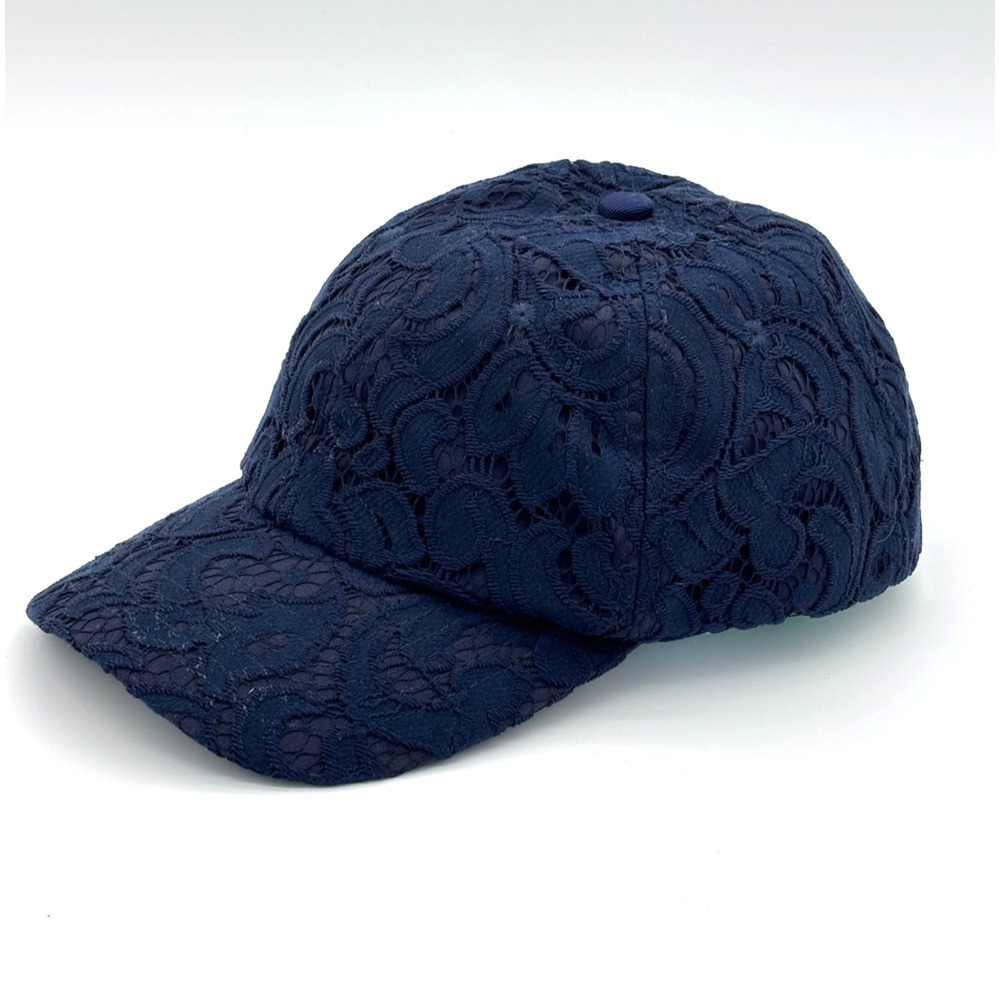 Draper James Navy Lace Baseball Cap Adjustable Seersucker Lined Gold Hardware